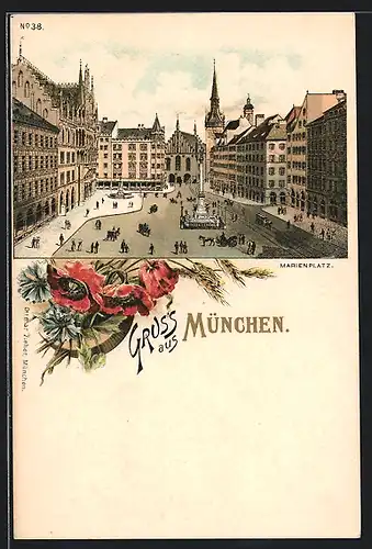 Lithographie München, Blick auf den Marienplatz