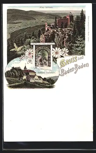 Lithographie Baden-Baden, Altes Schloss, Eingang zum Alten Schloss, Schloss Eberstein