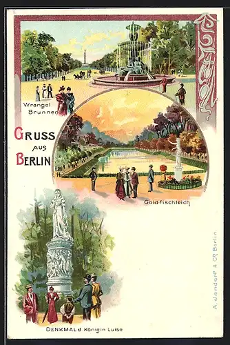 Lithographie Berlin-Tiergarten, Wrangel Brunnen, Goldfischteich, Kenkmal der Königin Luise