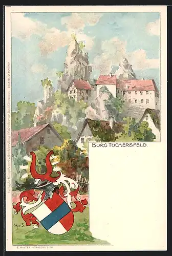 Lithographie Tüchersfeld, Burg Tüchersfeld und Ritterhelm mit Wappen