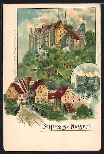 Lithographie Nossen, Strassenpartie mit Schloss