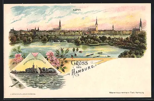 Lithographie Hamburg, Alster, Uhlenhorster Fährhaus um 1900