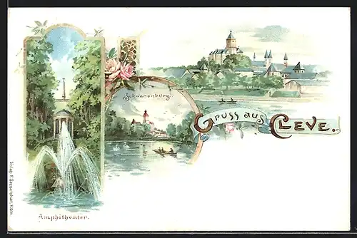 Lithographie Cleve, Amphitheater und Schwanenburg, Teilansicht