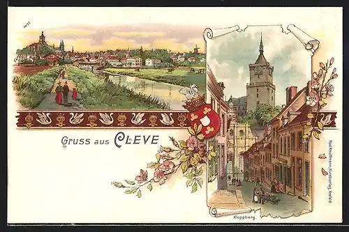 Lithographie Cleve, Kloppberg und Stadtpanorama