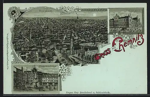 Lithographie Chemnitz, Totalansicht, Postamt, Neumarkt mit Fontaine
