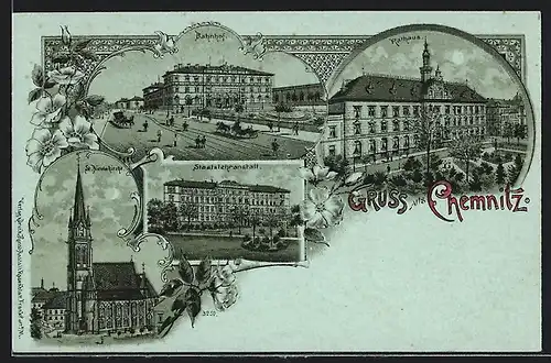 Lithographie Chemnitz, Bahnhof, Rathaus & Staatslehranstalt