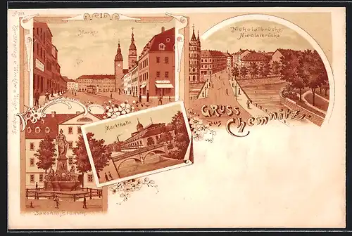 Lithographie Chemnitz, Markthalle mit Nicolaibrücke