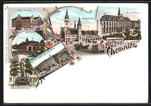 Lithographie Chemnitz, Kaisl. Postamt, Hauptmarkt, Neues Rathaus, Saxonia-Brunnen