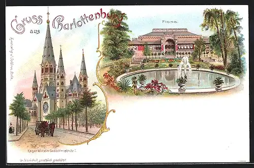 Lithographie Berlin-Charlottenburg, Flora mit Springbrunnen, Kaiser Wilhelm-Gedächtniskirche