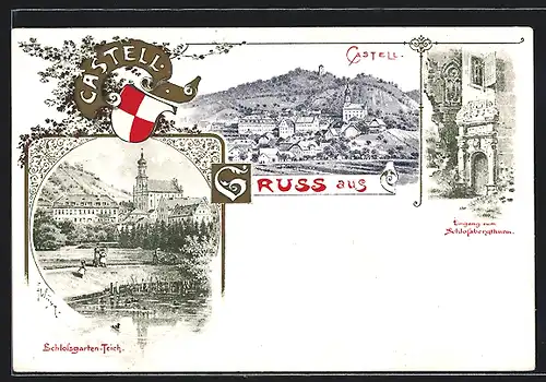 Künstler-Lithographie Castell, Eingang zum Schlossbergturm, Schlossgarten-Teich, Ortsansicht