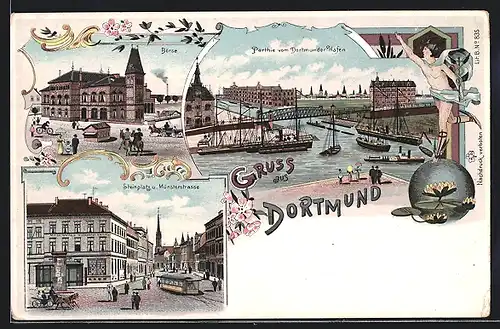 Lithographie Dortmund, Börse, Steinplatz und Münsterstrasse, Hafen