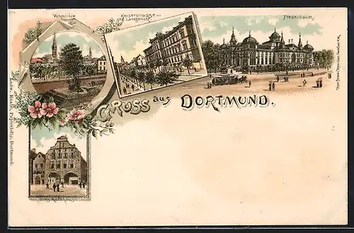 Lithographie Dortmund, Blick auf Fredenbaum mit Pferdebahn, Vehmlinde, Kaiserstrasse mit Landgericht