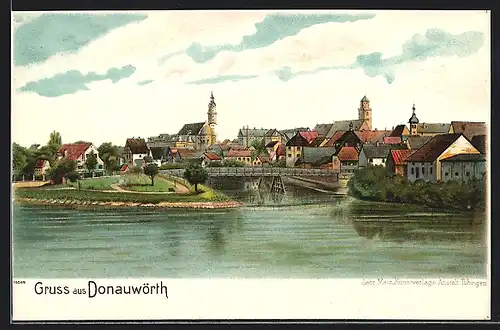 Lithographie Donauwörth, Ortspartie mit Fluss