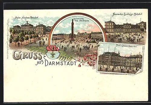 Lithographie Darmstadt, Übungsplatz, Main-Neckar-Bahnhof, Post und Palais Alexander