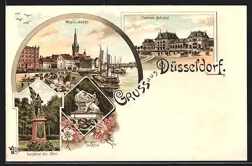 Lithographie Düsseldorf, Rhein-Werft, Central-Bahnhof, Kriegerdenkmal