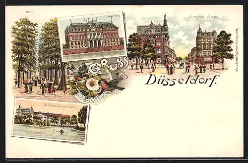 Lithographie Düsseldorf, Hofgarten Seufzer-Allee und der Grosse Teich, Elberfelder Strasse