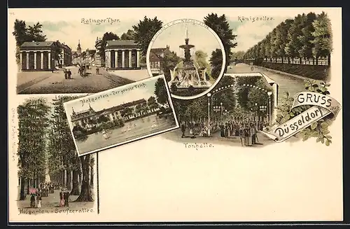 Lithographie Düsseldorf, Hofgarten-Seufzerallee, Hofgarten-Der grosse Teich, Ratinger Thor, Königsallee, Tonhalle