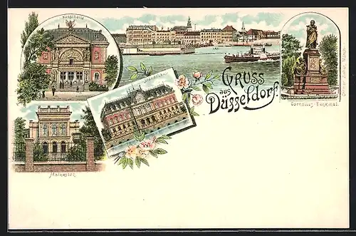 Lithographie Düsseldorf, Panorama, Kunsthalle, Cornelius-Denkmal & Malkasten