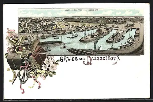 Lithographie Düsseldorf, Totalansicht des neuen Rheinhafens