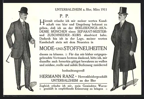 Künstler-AK Unterbalzheim a. Iller, Herrenkleidergeschäft von Hermann Ranz