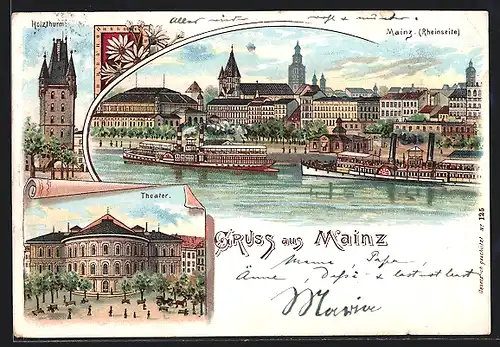 Lithographie Mainz, Holzthurm, Theater und Dampfer an der Anlegestelle