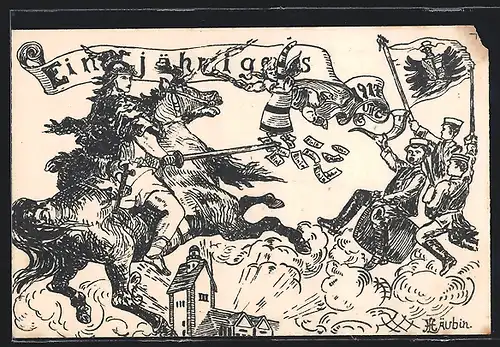 AK Krieger mit Flügelhelm auf Pferd und Studenten, Einjähriges 1917, Absolvia