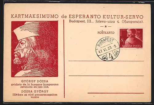 Künstler-AK Budapest, Esperanto Kultur-Servo, Jolsva-utca 4, György Dozsa