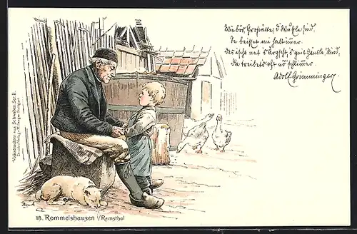 AK Rommelshausen, Alter Mann in schwäbischer Tracht erzählt dem kleinen Buben eine Geschichte