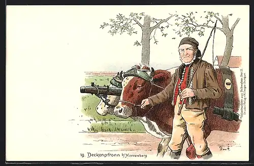 Künstler-AK Deckenpfronn, Bauer in schwäbischer Tracht mit Ochsengespann