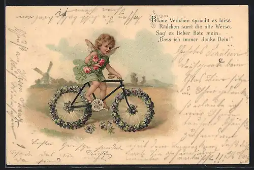 Lithographie Elfe fährt Blumen-Fahrrad