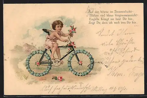 AK Engel auf einem Fahrrad aus Vergissmeinnicht