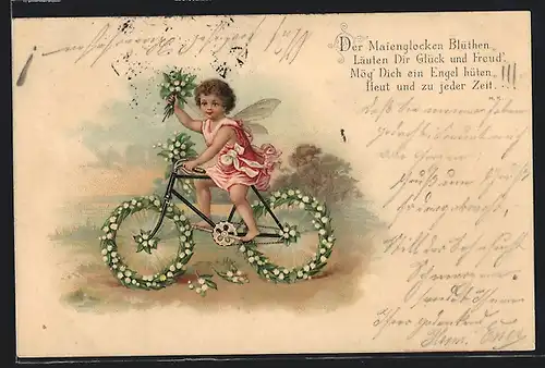 Lithographie Pfingstgruss, Elfe auf einem mit Maiglöckchen geschmückten Fahrrad