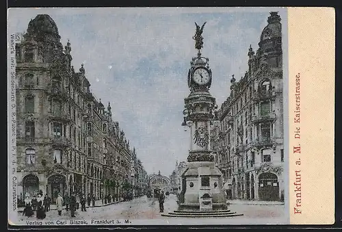 Seiden-Imitations-AK Frankfurt a. M., Kaiserstrasse mit Uhrturm und Strassenbahn