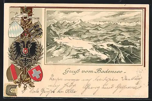 AK Bodensee, Wappen der Bodenseeufer-Staaten und Reliefkarte vom Bodensee