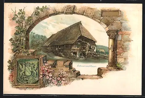 Lithographie Blick auf ein Schwarzwaldhaus mit Wappen