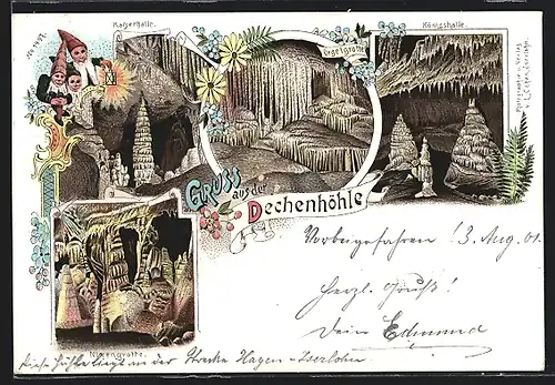 Lithographie Iserlohn, Dechenhöhle, Kaiserhalle, Orgel- und Nixengrotte