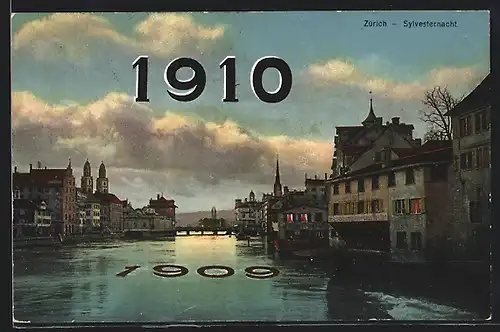 AK Zürich, Sylversternach 1909 1910, Ortsansicht mit Brücke