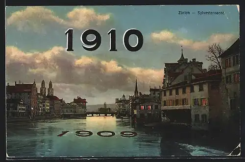 AK Zürich, Sylversternach 1909 1910, Ortsansicht mit Brücke