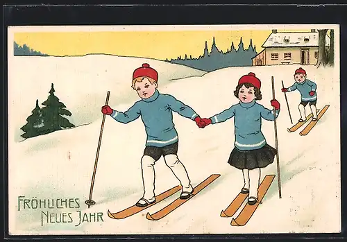 AK Neujahrsgruss, Skifahrer bei einem Haus