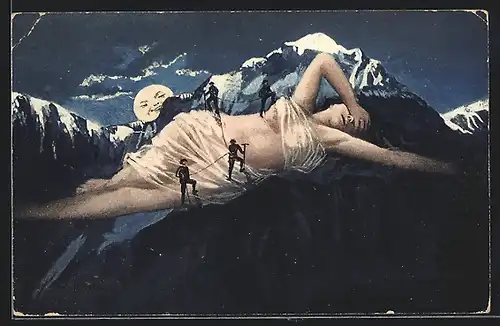 AK Die Jungfrau mit Bergsteigern bei Mondschein, Berg mit Gesicht / Berggesichter