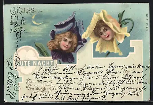 AK Blumen mit Mädchenköpfen, gute Nacht!