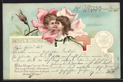 AK Guten Morgen, Metamorphose zwei Blumen mit Gesichtern