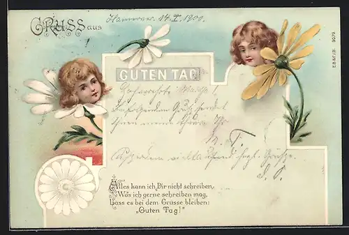 AK Guten Tag, Kinder in Blumen, Metamorphose