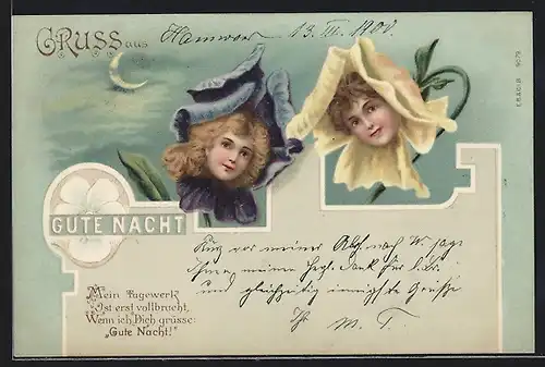 AK Blumen mit Mädchenköpfen, gute Nacht!