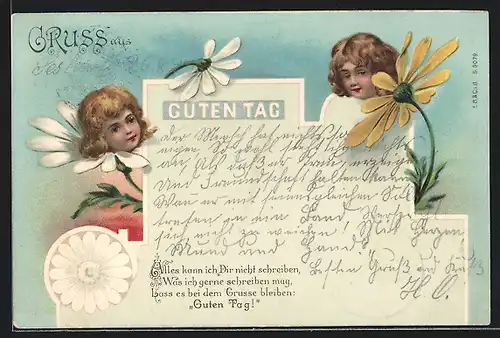 AK Guten Tag, Kinder in Blumen, Metamorphose