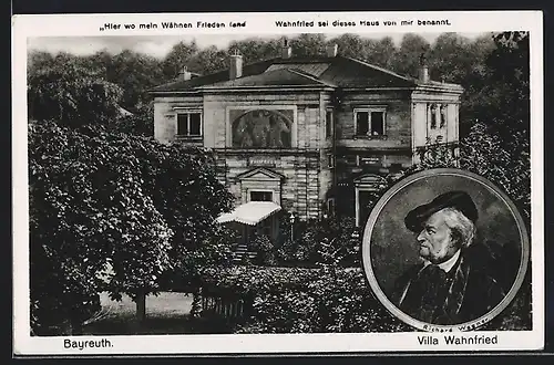 AK Bayreuth, Blick auf Villa Wahnfried, Portrait Richard Wagner