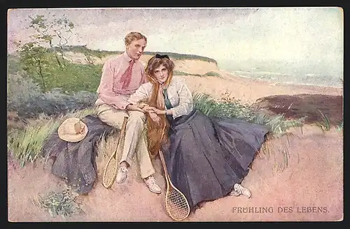 Künstler-AK Frühling des Lebens, Paar mit Tennisschlägern am Meer
