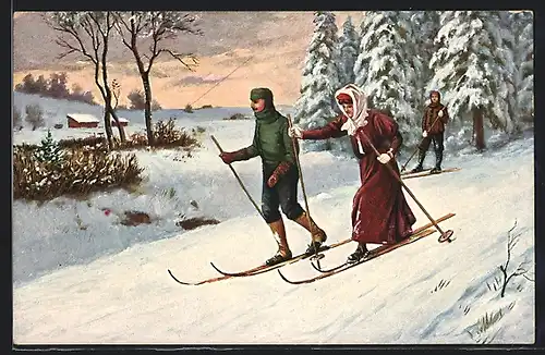 AK Paar auf Skiern an einem Abhang