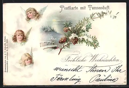 AK Fröhliche Weihnachten, Weihnachtsengel mit Tannenzweig