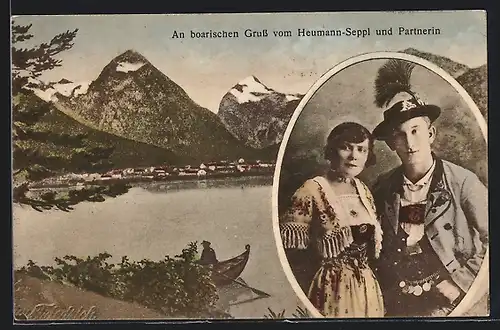 AK Heumann-Seppl und Partnerin, Uferlandschaft mit Boot
